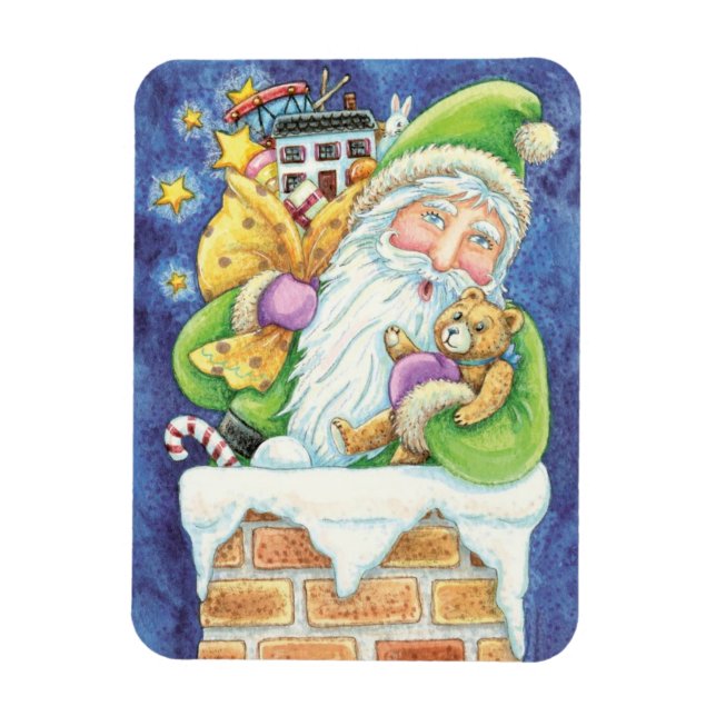 Íman Natal Fofo, Papai Noel na Chaminé com Brinquedos (Vertical)