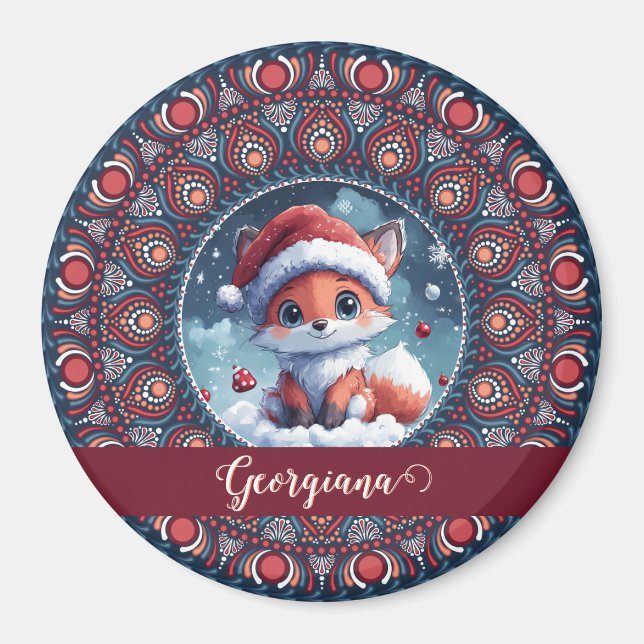 Íman Natal Personalizado Kawaii Fox Dot Mandala (Frente)