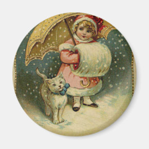 Íman Natal retro da criança e do gato do vintage do
