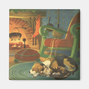 Íman Natal vintage, animais do sono pela lareira