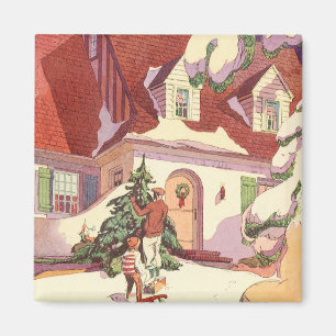 Íman Natal vintage, casa da família na neve