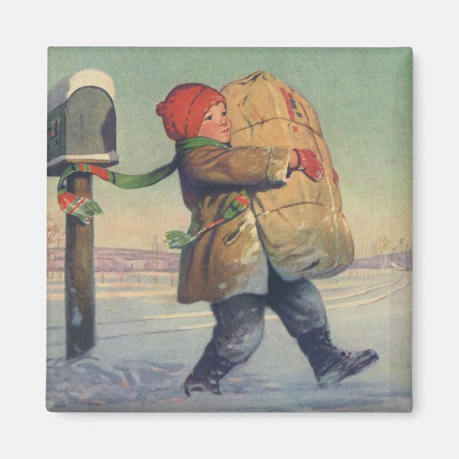 Íman Natal vintage, criança com grande pacote (Frente)