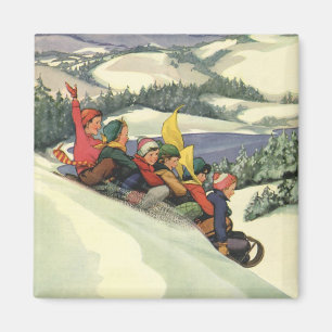 Íman Natal vintage, crianças que Sledding em uma
