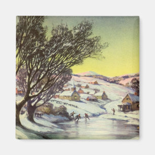 Íman Natal vintage, lago congelado com patinadores de