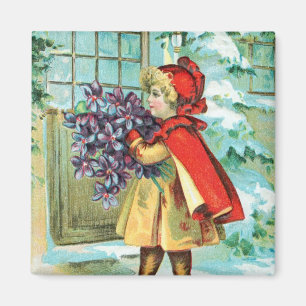 Íman Natal vintage menina & violetas