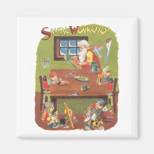 Íman Natal vintage Papai Noel com Elfos na Oficina