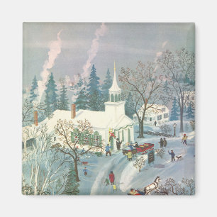 Íman Natal vintage, pessoas que vão à igreja na neve