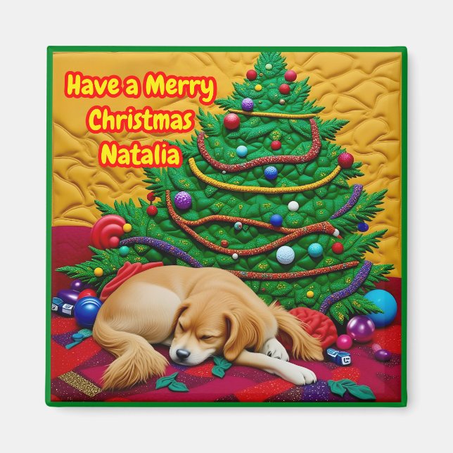 Íman NATALIA~ FELIZ NATAL ~ Árvore Brinquedos Cachorro  (Frente)