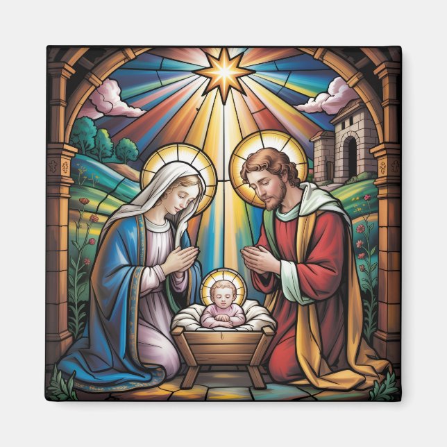 Íman Nativity Stained Glass Art – Holy Family Christmas (Frente)
