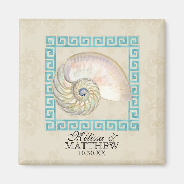 Íman Nautilus Shell Watercolor Grego Key Damask Beach (Frente)