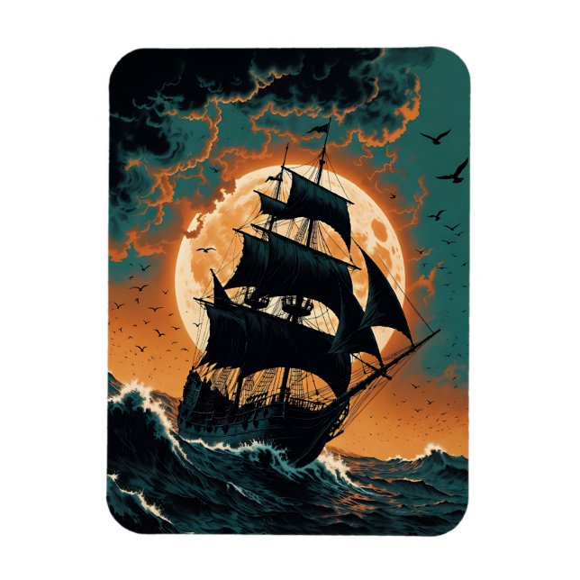 Íman Navio Fantasma Iluminado pela Lua em Mares Tempest (Vertical)