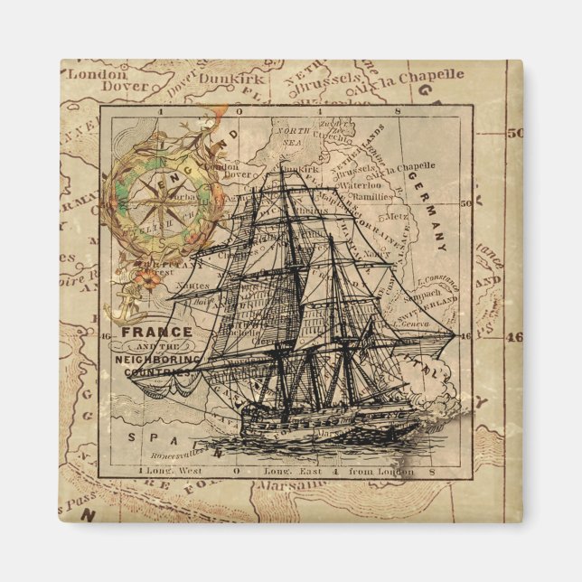 Íman Navio Vintage e velho mapa europeu (Frente)