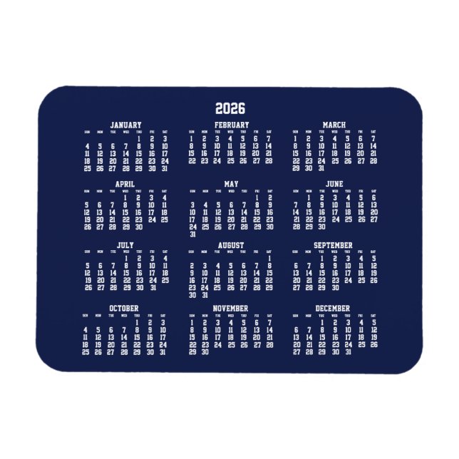 Íman Navy Blue Calendar 2026 Small Flexible Magnet (Horizontal)