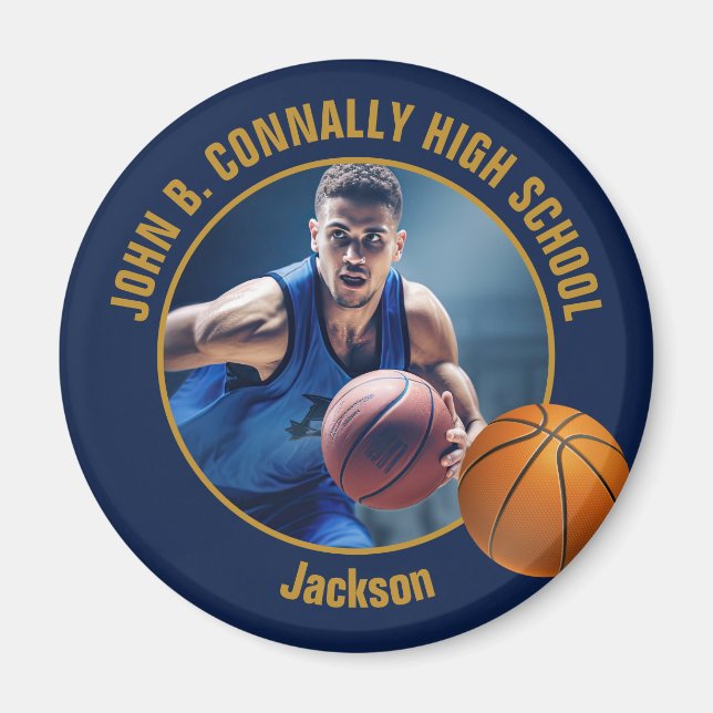 Íman Navy Blue Gold Basketball Player Photo (Frente)