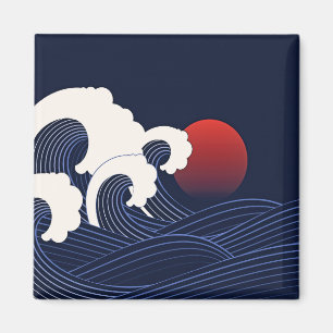 Íman Navy Blue Wave with Red Moon Hand Drawn