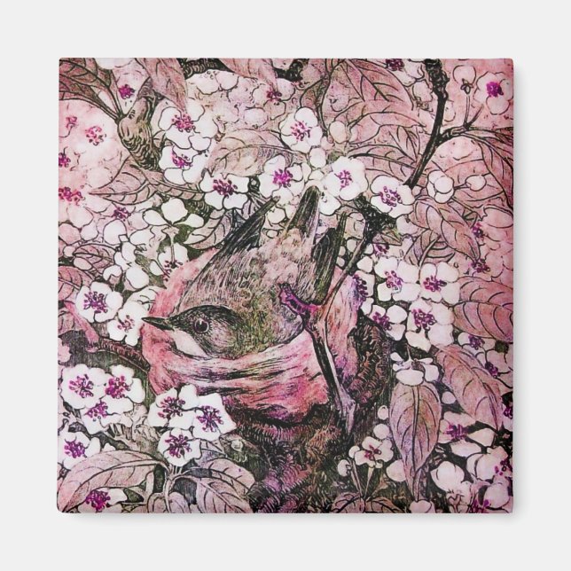 ÍMAN NESTE DE PÁSSAROS, FLORES DE PRIMAVERA BRANCA VERM (Frente)