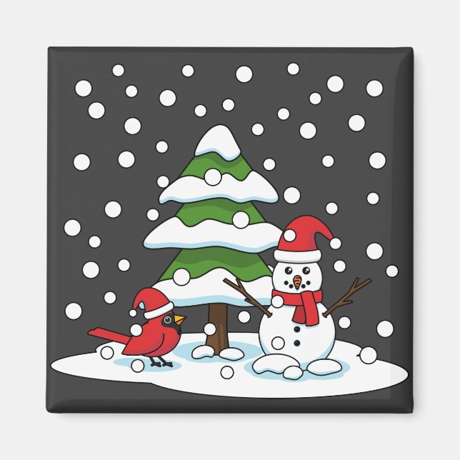 Íman Neve Caindo no Cardeal, Snowman e Pine Tree (Frente)