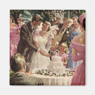 Íman Newlyweds do casamento vintage Noivo Corte o Bolo