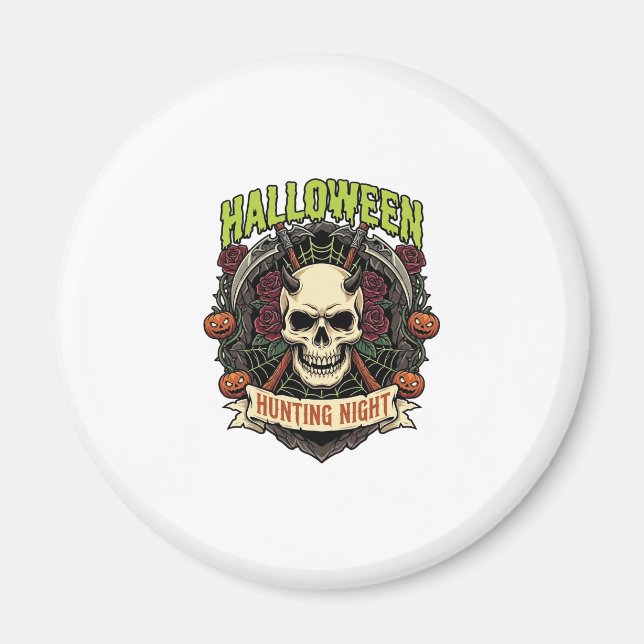 Íman Noite de Caça de Halloween Rosas de Caveira Cornud (Frente)