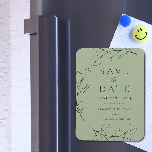 Íman Noiva Simples Moderna com Folhagem Verde Salvia Ca (Minimalist leaves Stylish typography sage green wedding save the date invitation magnet)
