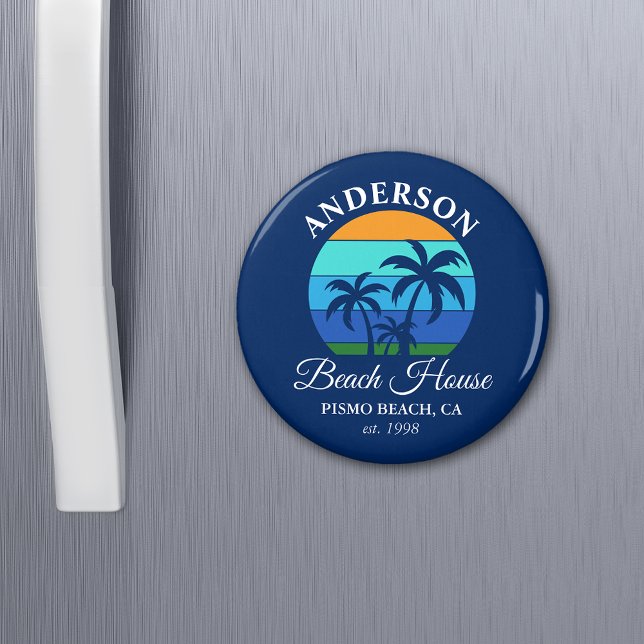 Íman Nome da família Beach House Sun Palm Trees Blue (Customize to change text size, text style or background color.)