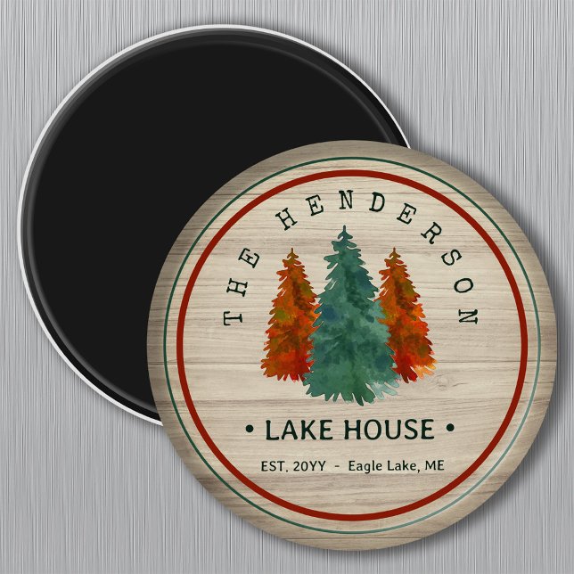 Íman Nome da família Lago House Pine Tree Personalizado (Criador carregado)