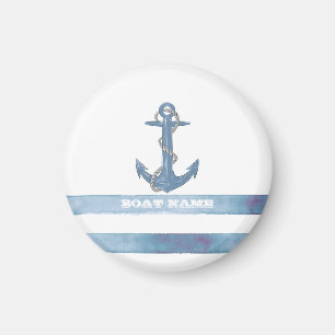 Íman Nome de Barco Náutico, Âncora, Corda, Listras Azul