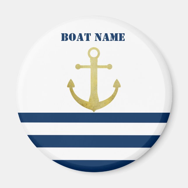 Íman Nome de Barco Náutico, Âncora Dourada Listras Azul (Frente)