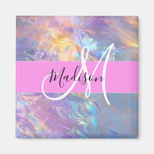 Íman Nome de Monograma Iridescente Holográfico Rosa Fem