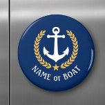 Íman Nome do barco Ancorar Estilo Dourado Laurel Star M<br><div class="desc">Um ímã redondo personalizado com o nome do barco,  o nome da família ou outro texto desejado,  conforme necessário. Apresentando uma âncora náutica personalizada,  folhas com riso de ouro e emblema de estrela em azul-marinho ou ajustando facilmente a cor primária para corresponder ao seu tema atual.</div>