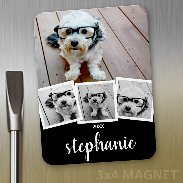 Íman Nome do Script de Colagem de 4 Fotos Branco Preto  (Personalized fridge magnet - add photos and custom text)