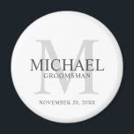 Íman Nome e monograma dos Padrinhos de casamento person<br><div class="desc">Adicione um toque pessoal ao seu casamento com um imã de padrinhos de casamento personalizado. Este ímã apresenta o nome de padrinho de casamento personalizado com título e data de casamento em cinzas e monograma em cinzas leves como fundo, no estilo clássico da serifa, em fundo branco. Também perfeito para...</div>