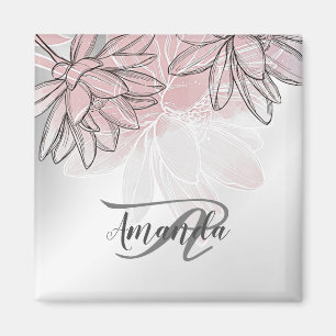 Íman Nome Monograma Flores Brancas Rosa Aquarela Prata