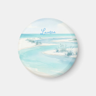 Íman nome ondas de praia aquarela azul pastel editável 