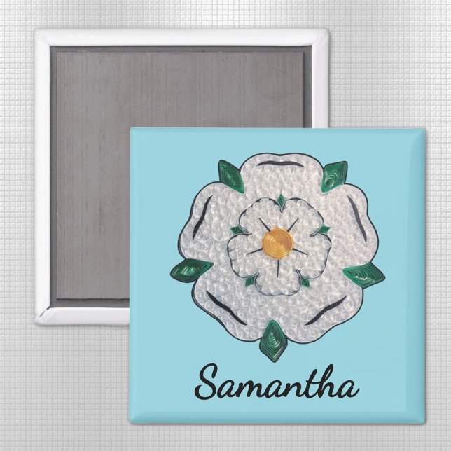 Íman Nome, Papel Quilled Yorkshire White Rose 2 em Azul (Criador carregado)
