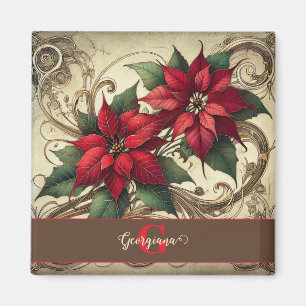 Íman Nome Personalizado Art Nouveau Poinsettia de Natal