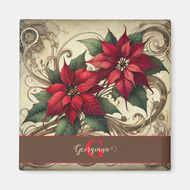 Íman Nome Personalizado Art Nouveau Poinsettia de Natal (Frente)