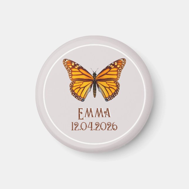 Íman Nome Personalizado da Borboleta Monarca Data Arte (Frente)