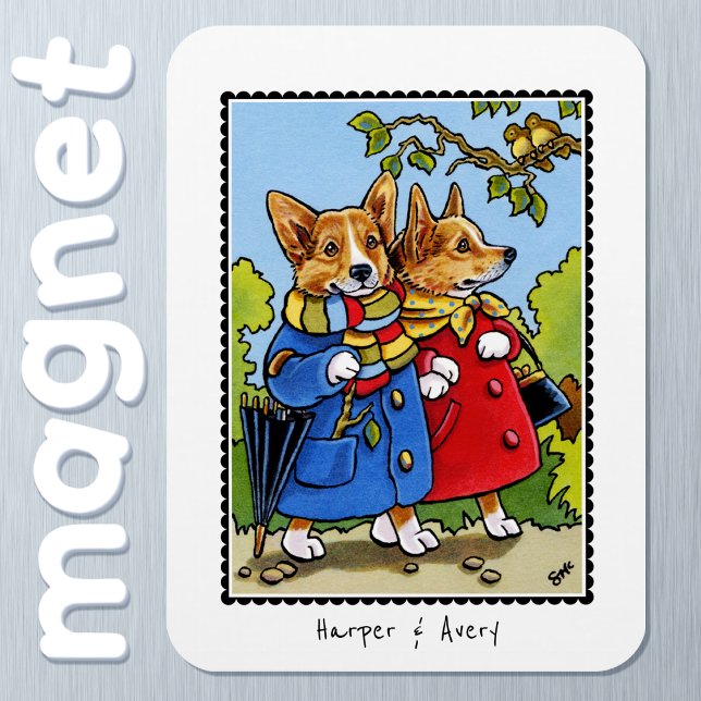 Íman Nome Personalizado da Ilustração de Cachorro Corgi (Criador carregado)