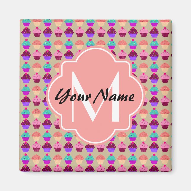 Íman Nome Personalizado do Cupcake Coral, Monograma Per (Frente)