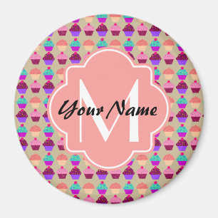Íman Nome Personalizado do Cupcake Coral, Monograma Per