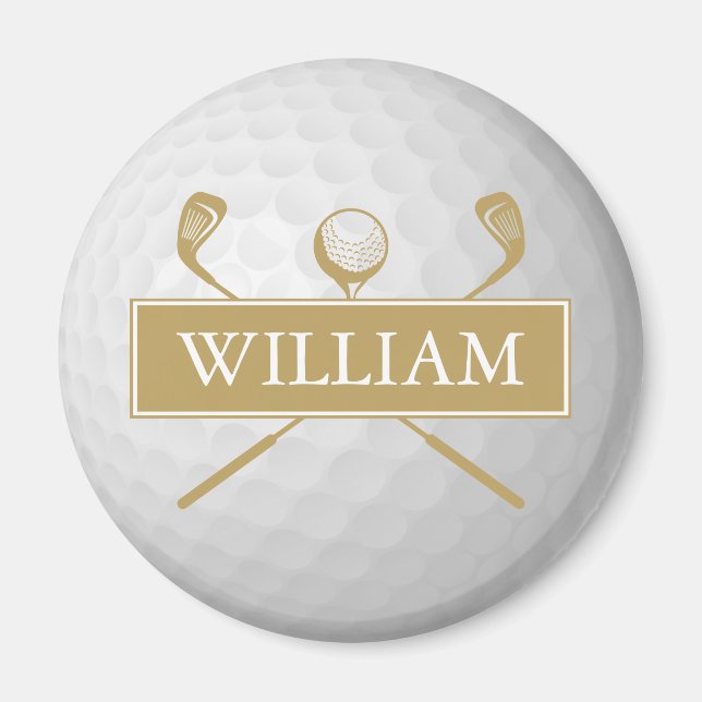 Íman Nome Personalizado Dourado E Bola Branca De Golfe (Frente)