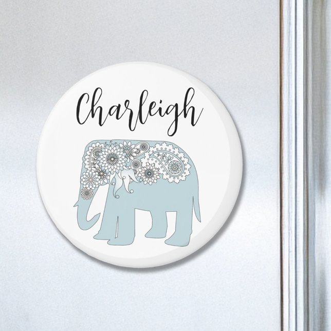 Íman Nome Personalizado Elephant Blue Paisley (Criador carregado)
