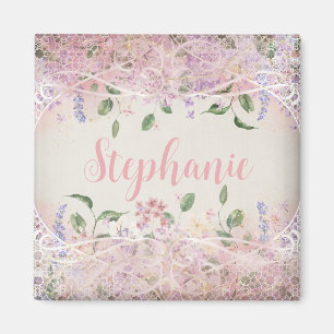 Íman Nome Personalizado Floral Cor-de-Rosa Esbranquiçad