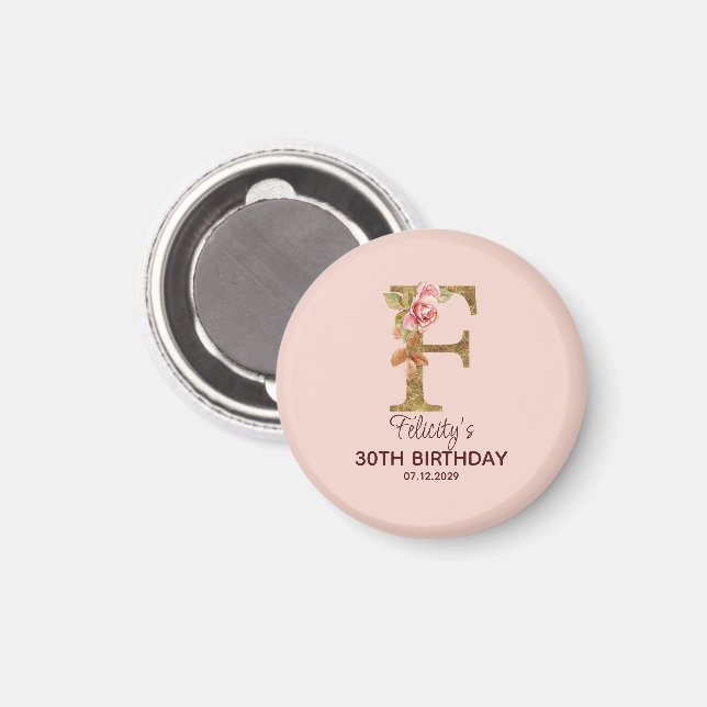 Íman Nome Personalizado Letra F Rosas Rosa Beijo Dourad (Front/Back)