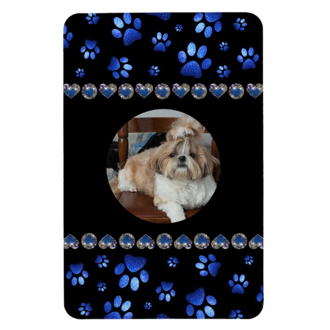 Íman Nome personalizado, patas de cão com brilho azul (Vertical)
