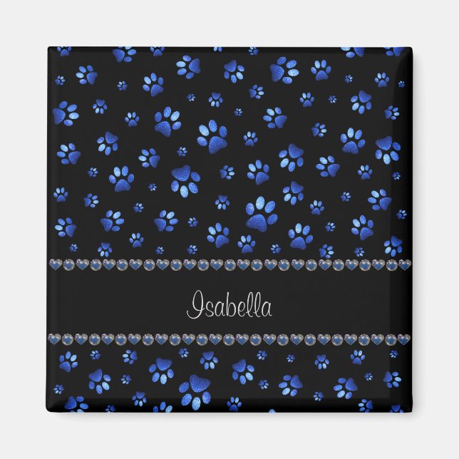 Íman Nome personalizado, patas de cão com brilho azul  (Frente)