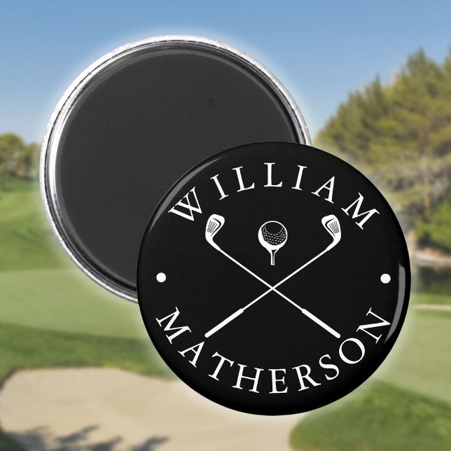 Íman Nome Personalizado Pilhas de Golfe Pretas e Branca (Custom Name Golf Clubs Black And White Magnet)