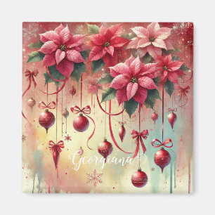 Íman Nome Personalizado Poinsettia Whimsical Baubles de