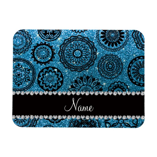 Íman Nome personalizado sky blue glitter mandalas (Horizontal)